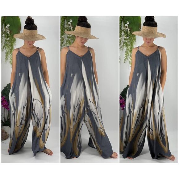 Pōʻalima Romper Boho Beach Cover-Up Wide Leg Adjustable Shoulder Strap One Size - Picture 4 of 9